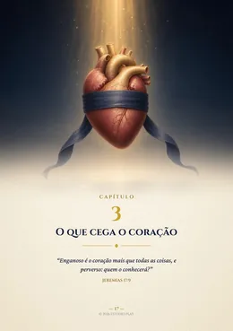 Abertura do capítulo 3, “O que cega o coração”, com um coração vendado e o versículo de Jeremias 17:9